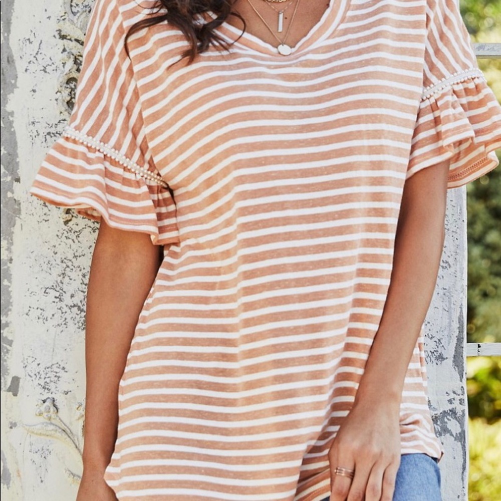 Coffe and white stripe pearl accent ruffle shirt